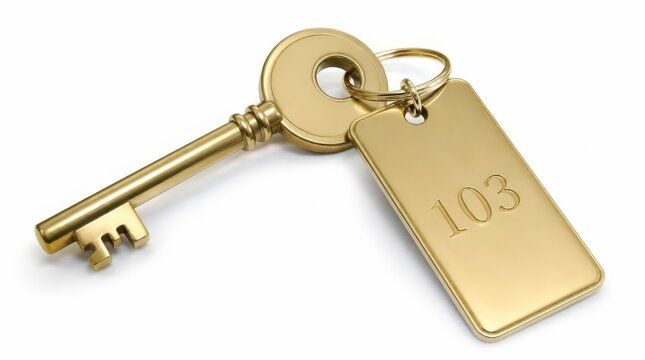 Minimalist brass hotel room key with a stamped room number tag, high resolution professional photography capturing an elegant and timeless travel accessory design in a widescreen cinematic format.