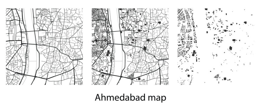 Ahmedabad city map vector illustration set with street roads network, urban planning infrastructure layout, and building footprint silhouette elements