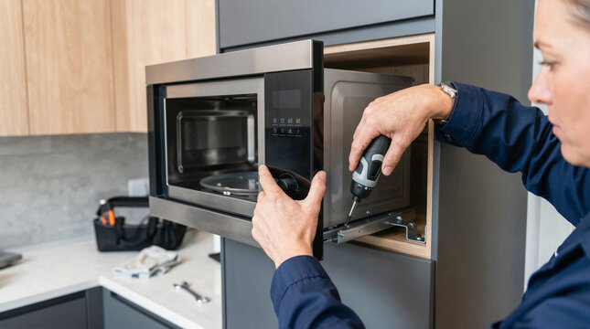 Professional Technician Installing New Microwave Oven Into Custom Kitchen Cabinetry