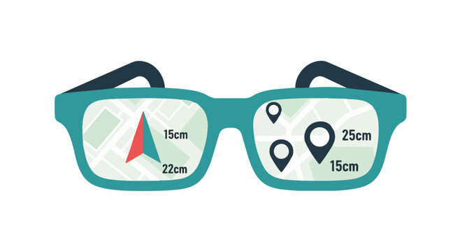 AR Smart Glasses with Augmented Reality Navigation Interface, GPS Map Pins and Distance Markers Vector Illustration