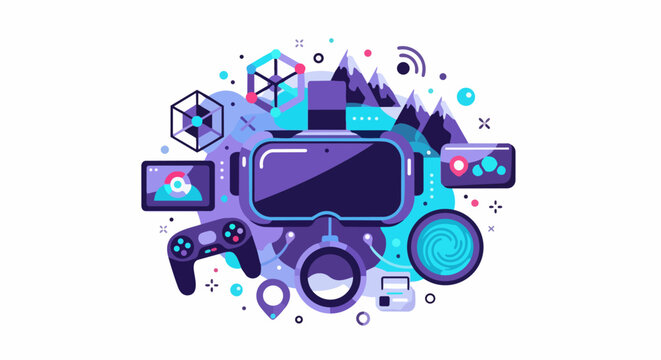 Virtual Reality and Metaverse Concept Illustration with VR Headset, Game Controller, and Digital Interface Elements