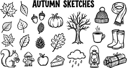 Autumn Sketches Hand Drawn Black and White Line Art Icons Set. Fall Season Doodles Collection of Nature Elements, Food, and Clothing Vector Graphic. © kulinadsgn