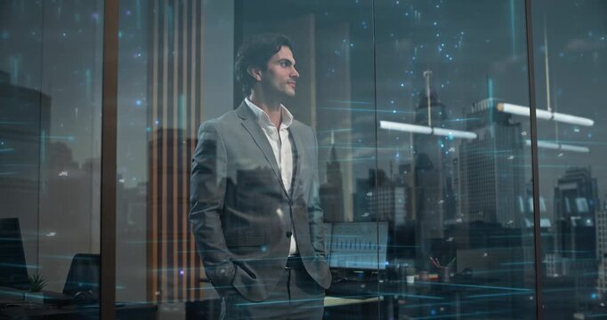 Businessman Stands Behind Glass Office Window Looking at Illuminated Nighttime City With Interconnected Digital Data Streams, Information Visualization and Internet Connectivity Graphics.