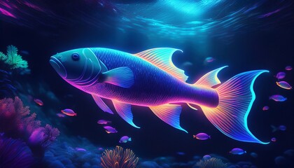 Fototapeta premium glowing neon fish swimming in dark underwater scene with surreal bioluminescent light