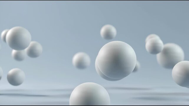 White minimalist spheres floating and bouncing in a soft blue room