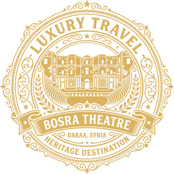 Luxury Travel Badge Featuring Ancient Bosra Theatre Syria Vector Illustration