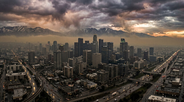 Hyper realistic wide vista of dense downtown core under heavy inversion smog atmospheric cityscape