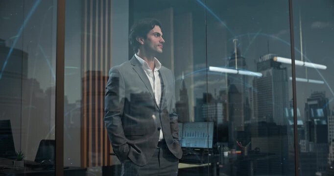 Confident Businessman Stands Inside Modern Corporate Office Looking Out Through Window. Reflected City with Interconnected Digital Arc Lines Representing Network Connectivity and Business Analytics.