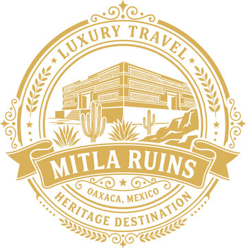 Mitla Ruins luxury travel emblem with Mexican archaeological site illustration