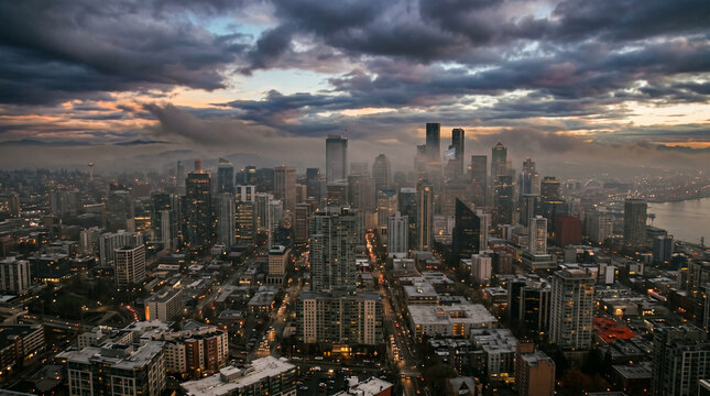 Hyper-realistic wide vista of dense downtown core under heavy inversion smog with golden light tones cityscape