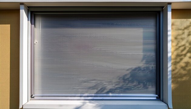 close up of modern metal roller shutter partially covering window on building exterior concept of home security privacy protection and contemporary architecture