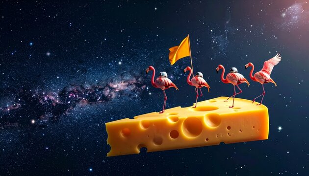 Astronaut Flamingos Planting Flag on Cheese in Space