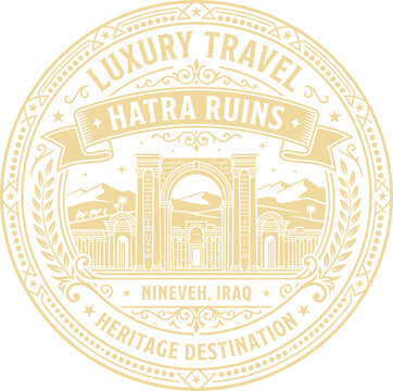 Luxury travel emblem featuring Hatra ruins Iraq vector illustration