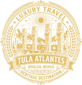 Tula Atlantes Mexico luxury travel emblem vintage vector illustration
