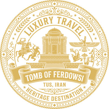 Luxury travel emblem featuring Tomb of Ferdowsi in gold vector style
