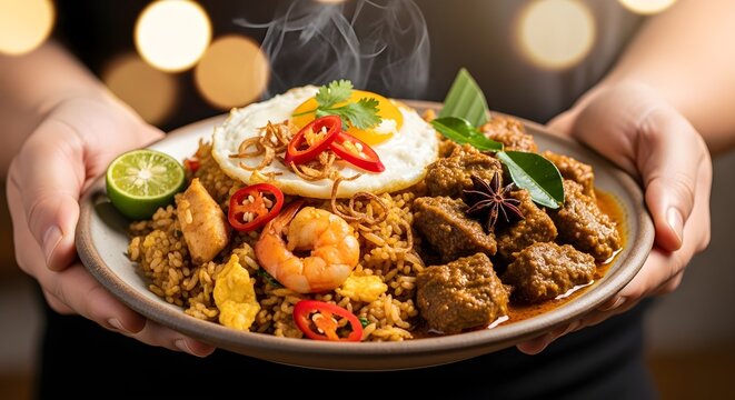Steaming Indonesian Nasi Goreng and Savory Beef Rendang Dish Served Warm on a Plate
