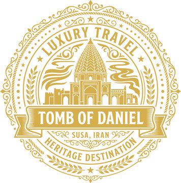 Tomb of Daniel Susa Iran luxury travel gold emblem vector illustration