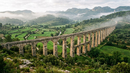 Naklejka premium Ancient aqueduct arches crossing a green valley with weathered stone in misty morning light scenery