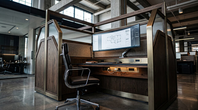 Architecturally refined office cubicle featuring custom millwork and integrated power elements modern workplace
