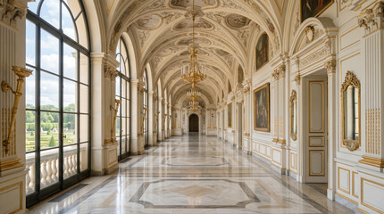 Obraz premium Baroque palace corridor featuring grand arched windows polished stone floors and pale gold lighting architecture