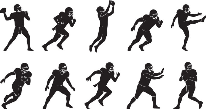 American football player silhouette set dynamic action poses vector illustration