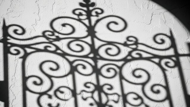 Detailed shadow of a vintage wrought iron fence on a textured wall.