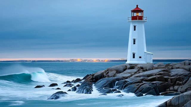 Waves rolling against rocky shoreline near lighthouse at sunset Generative AI