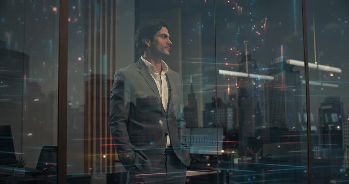 Businessman Standing Inside Modern Office Looking Out Through Reflective Glass Window as Horizontal Data Streams and Glowing Particles Visualize Big Data Analytics and Digital Transformation.