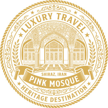 Luxury travel emblem featuring Nasir al-Mulk Pink Mosque Shiraz illustration