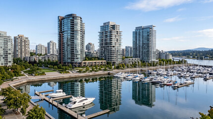 Obraz premium Luxury apartment towers overlooking a tranquil harbor basin with refined reflections architecture