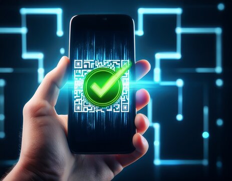 qr code verification checkmark smartphone scan hologram a close up a hand holding a phone scanning a glowing qr code hologram with green checkmark confirming secure verification