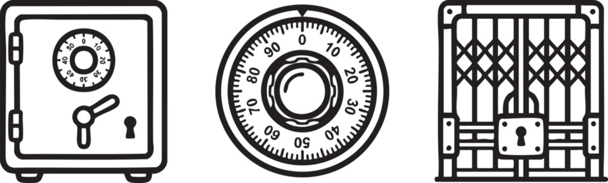 Security Safe Bank Vault and Jail Cell Bars Icons