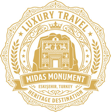 Luxury travel emblem featuring the ancient Midas Monument in Turkey