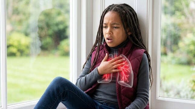 African american girl sitting by window experiencing respiratory discomfort. Concept of asthma, breathing difficulty and lung health. Medical illustration highlighting bronchial symptoms.