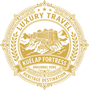 Gold luxury travel emblem featuring Kuelap fortress in Peru vector