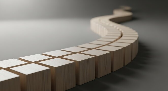 Wooden domino blocks in a curved line on a gray surface