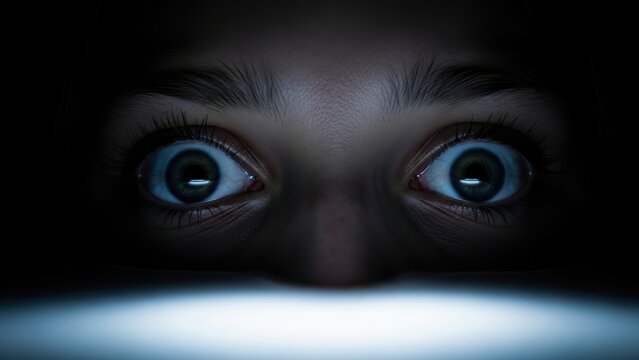 Wide, fearful eyes staring out of the darkness.
