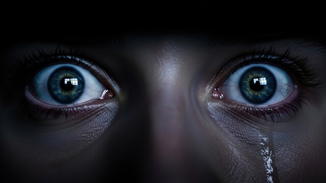 Terrified, crying eyes looking up in the dark.