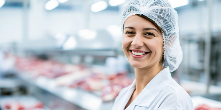 Portrait d'une travailleuse souriante portant une charlotte dans une usine de transformation, concept de d&eacute;veloppement de l'industrie alimentaire en France