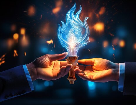 leadership succession legacy knowledge torch holographic a glowing digital torch being passed between professional hands to represent transfer leadership and expertise