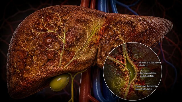 Primary Biliary Cholangitis with Damaged Intrahepatic Bile Ducts and Chronic Liver Disease, Medical Illustration