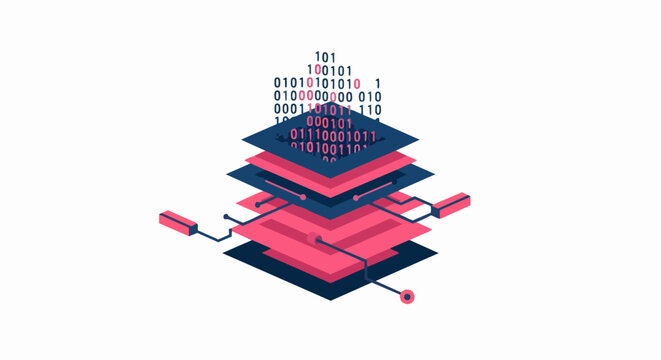 Isometric Big Data Architecture Illustration with Binary Code and Layered Platforms for Cloud Computing and Information Technology Concepts
