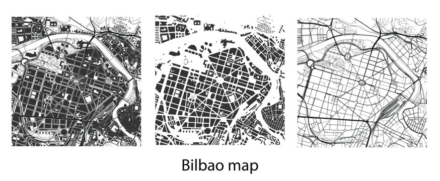 Bilbao City Map Vector Illustration, Spain Urban Street Plan, Roads and Building Footprints Silhouette, Minimalist Black and White Map Art