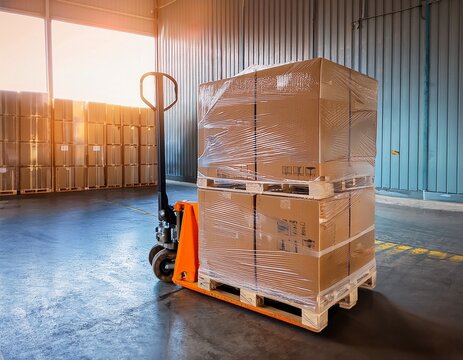 plastic wrapped cargo pallets with stacked cardboard boxes transported by hand pallet truck at warehouse freight dock with copy space