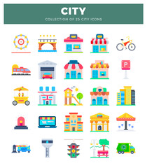 Naklejka premium city icons on white background. featuring Ferris wheel. bridge. shops. and vehicles.