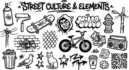 Urban Street Culture  Elements Hand Drawn Black and White Line Art Doodle Set. Featuring Graffiti, Skateboarding, Hip-Hop, and City Life Objects. © kulinadsgn