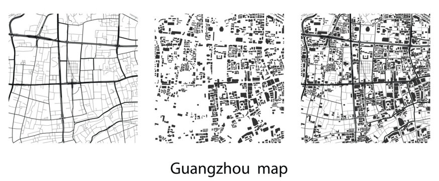 Guangzhou City Map Vector Illustration, China Urban Street Plan, Roads and Building Footprints Silhouette, Minimalist Black and White Map Art