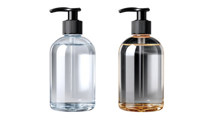 Fototapeta premium Two pump bottles, one filled with clear liquid, the other with golden liquid, presented side-by-side with black dispenser tops