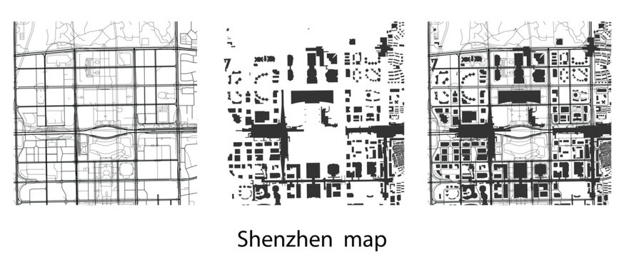Shenzhen City Map Vector Illustration, China Urban Street Plan, Roads and Building Footprints Silhouette, Minimalist Black and White Map Art