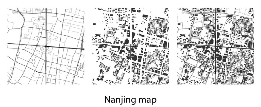 Nanjing City Map Vector Illustration, China Urban Street Plan, Roads and Building Footprints Silhouette, Minimalist Black and White Map Art